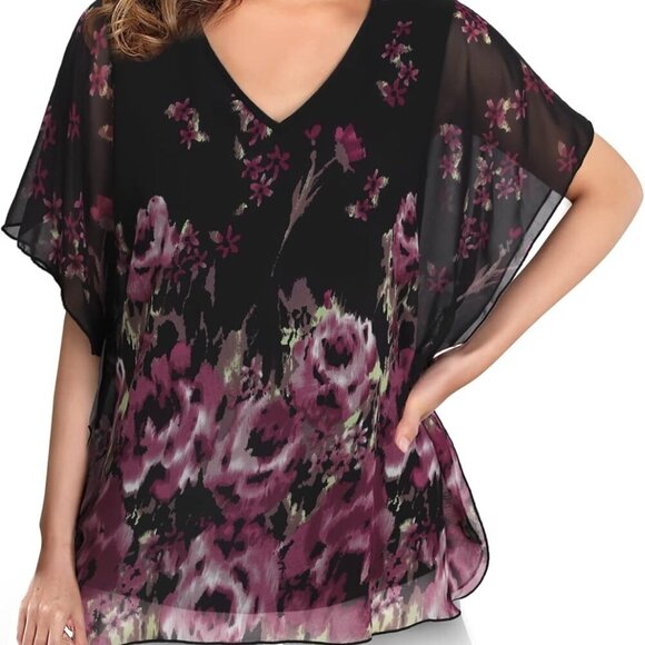 Women's Loose Flouncing Flutter Sleeve Double-Layered Shirt Chiffon Elegant Dres - Picture 2 of 5